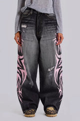 Wide leg denim jeans with graphic print - View 8 | TEVQA