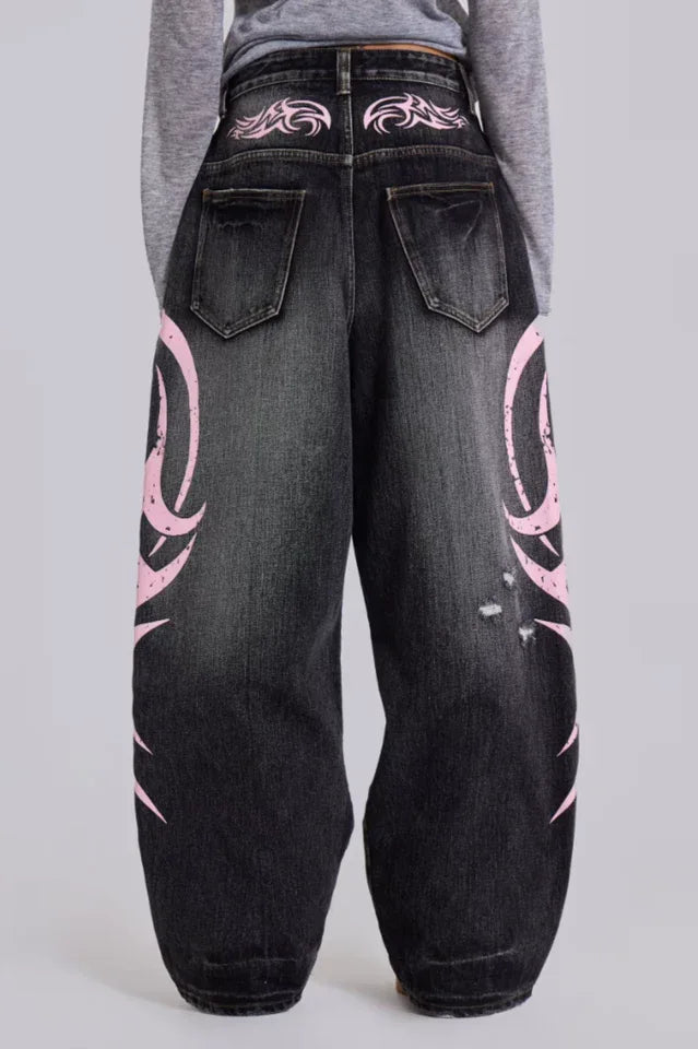 Wide leg denim jeans with graphic print - View 10 | TEVQA
