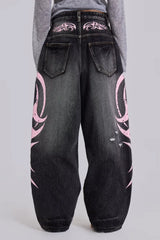 Wide leg denim jeans with graphic print - View 10 | TEVQA
