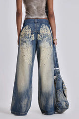 Wide leg denim jeans with graphic print - View 9 | TEVQA