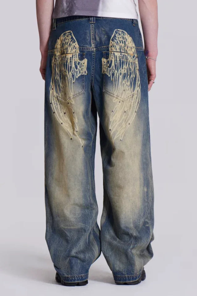 Wide leg denim jeans with graphic print - View 6 | TEVQA