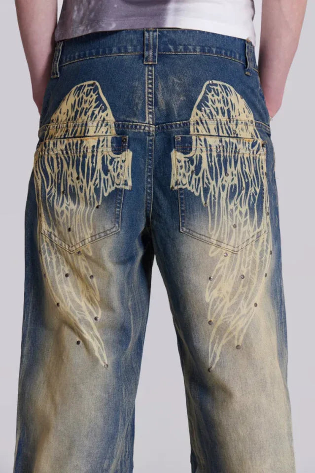 Wide leg denim jeans with graphic print - View 8 | TEVQA
