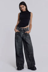 Wide leg denim jeans with graphic print - View 10 | TEVQA