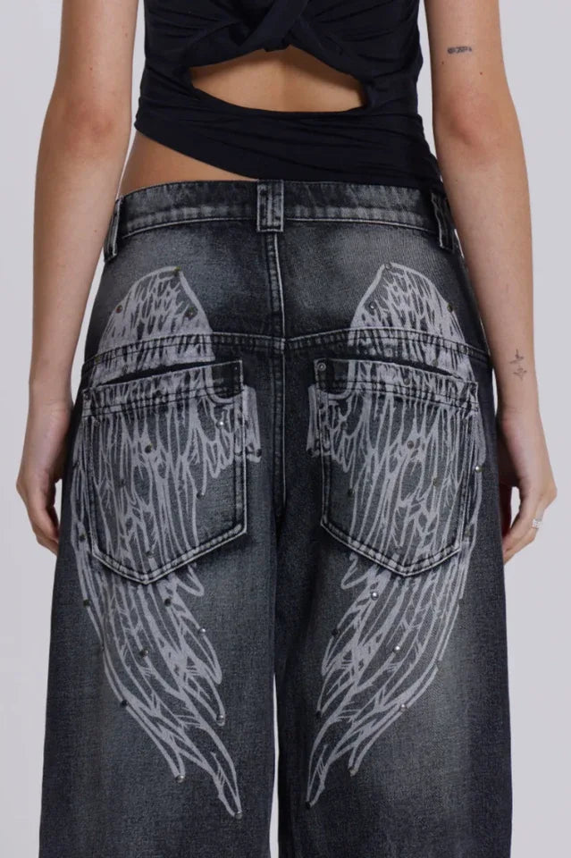 Wide leg denim jeans with graphic print - View 13 | TEVQA