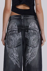 Wide leg denim jeans with graphic print - View 13 | TEVQA