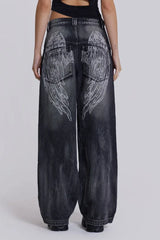 Wide leg denim jeans with graphic print - View 11 | TEVQA