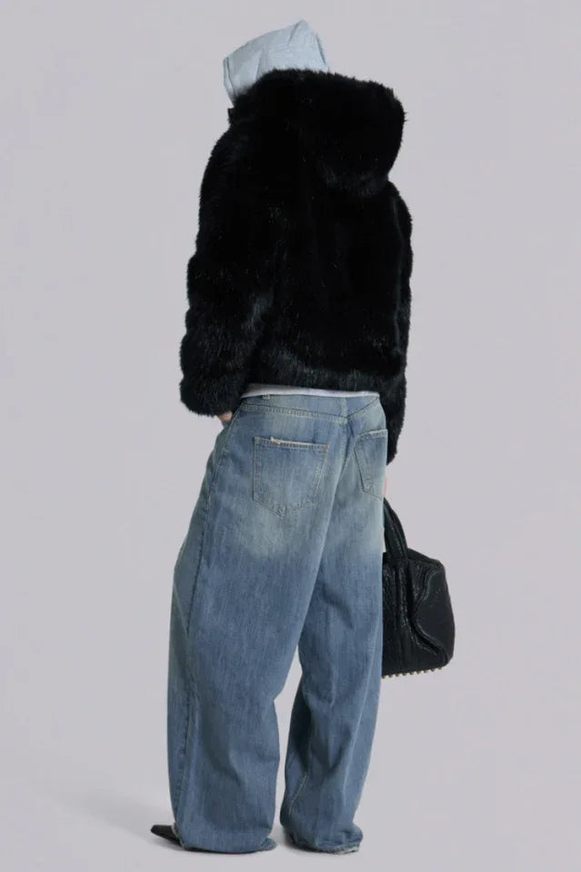 Baggy wide leg jeans in light wash slub denim - View 8 | TEVQA