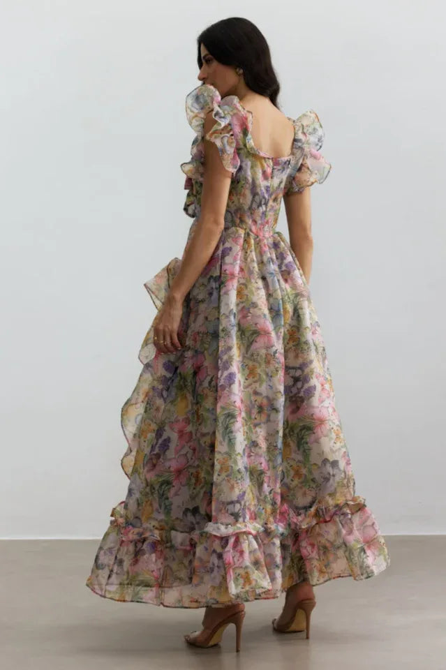Chiffon Maxi Dress with Ruffle Trim and Floral Print - View 6 | TEVQA