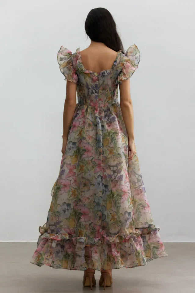 Chiffon Maxi Dress with Ruffle Trim and Floral Print - View 7 | TEVQA