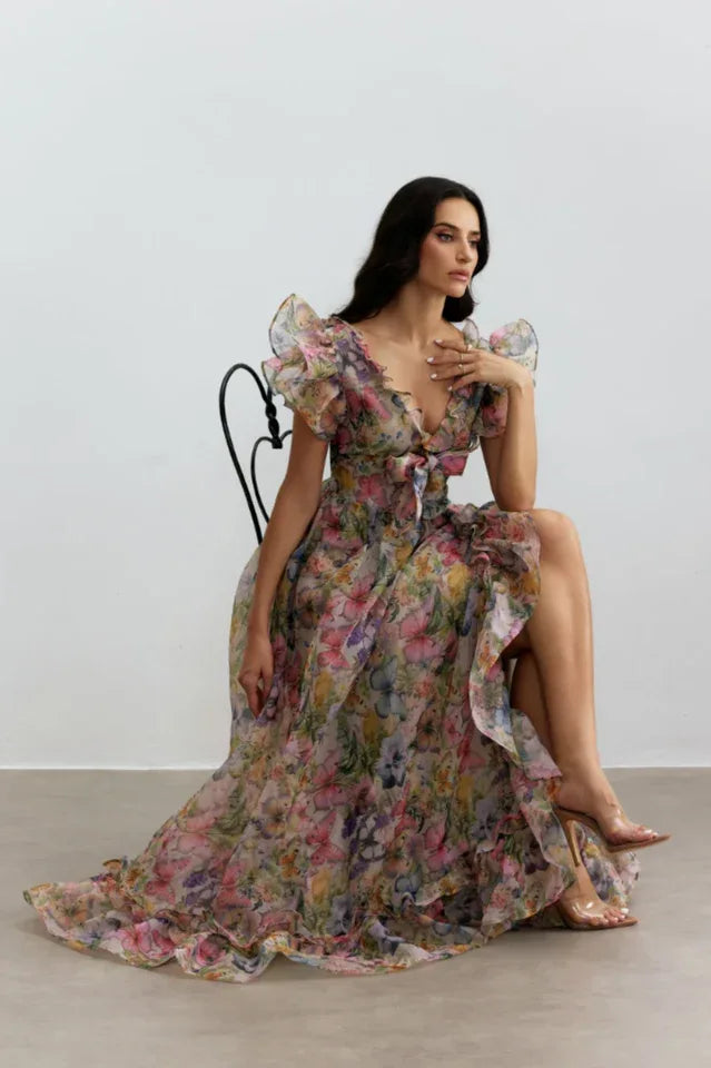 Chiffon Maxi Dress with Ruffle Trim and Floral Print - View 8 | TEVQA