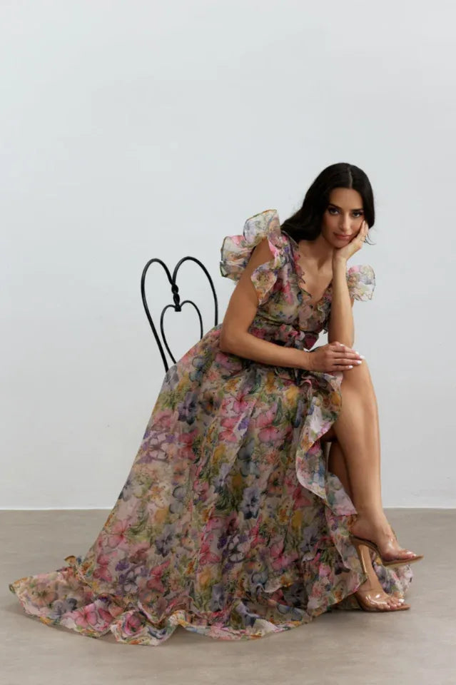 Chiffon Maxi Dress with Ruffle Trim and Floral Print - View 9 | TEVQA