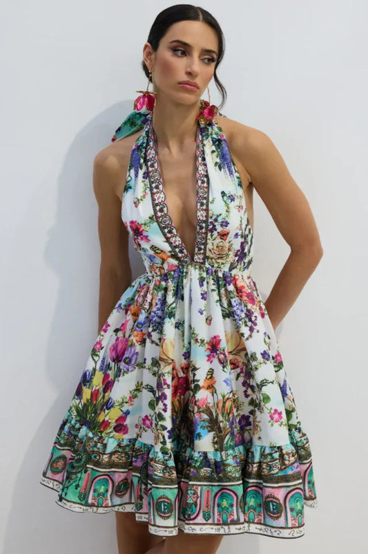 Alice Floral Print Halter Neck Mini Dress - TEVQA