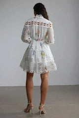 Floral print mini dress with lace panels and puff sleeves - View 6 | TEVQA