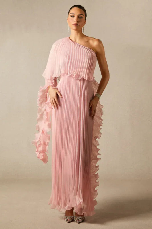 Khloe One Shoulder Pleated Ruffle Maxi Dress - TEVQA