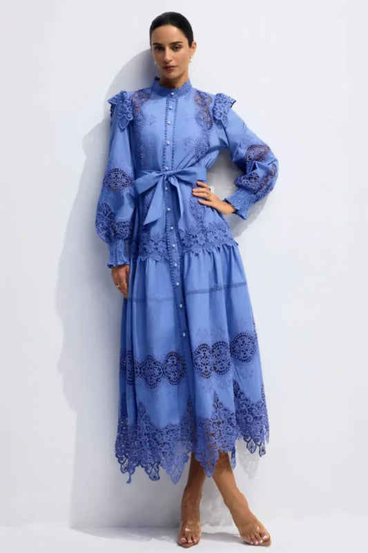 Alina Embroidered Lace Midi Dress - TEVQA