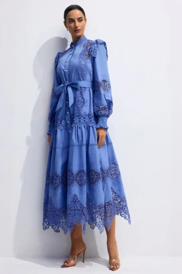 Alina Embroidered Lace Midi Dress - TEVQA