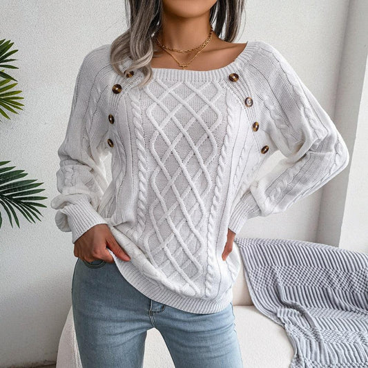 White Square Neck Pullover Sweater Top - TEVQA
