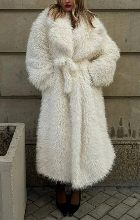 Valiery Long Shaggy Faux Fur Coat - White Belted Winter Trench Jacket