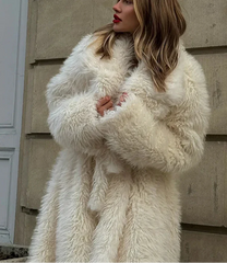 Valiery Long Shaggy Faux Fur Coat - White Belted Winter Trench Jacket