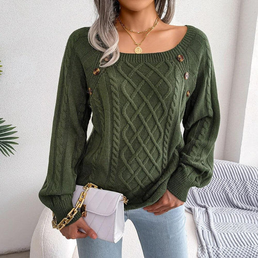Green Square Neck Pullover Sweater Top - TEVQA