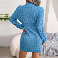 Back view of a woman wearing a blue knit mini dress with long sleeves and a cinched waist.