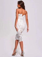 White lace strapless midi dress with Monstera leaf pattern and belted waist - View 6 | TEVQA