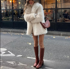 Luxe Cream Faux Fur Lapel Coat - Plush Mid-Length Winter Jacket