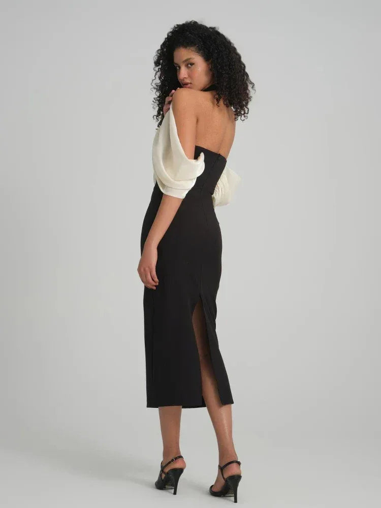 Dayanara Black Halter Rosette Midi Dress - View 6 | TEVQA