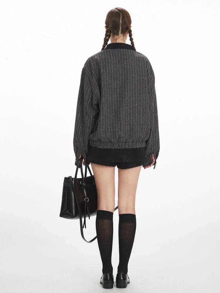 Vintage Reversible Plaid Bomber Jacket - TEVQA