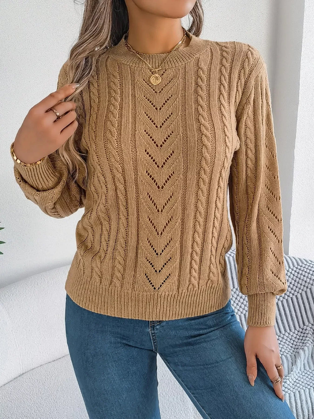 Women's Rust Cable Knit Sweater - TEVQA