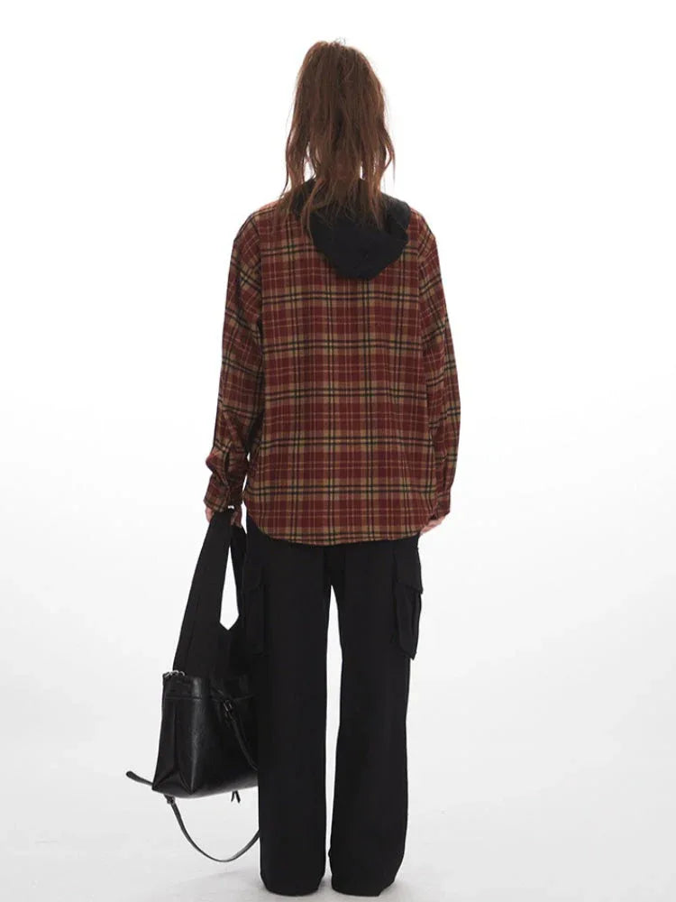 Vintage Red Plaid Hooded Flannel Shirt - TEVQA
