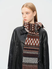 Vintage Fair Isle Jacquard Knit Scarf Wool Blend Raw Edge - Brown Pattern