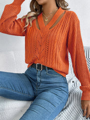 White Cutout V-Neck Cable Knit Sweater - TEVQA