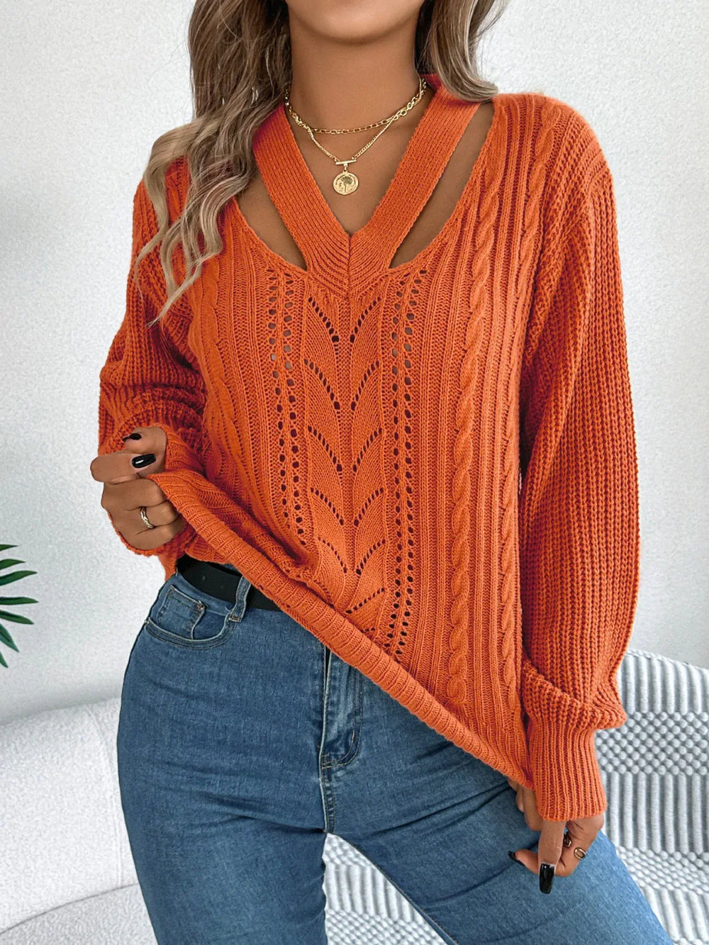 White Cutout V-Neck Cable Knit Sweater - TEVQA