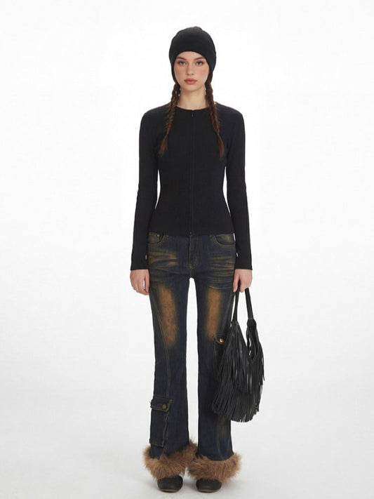 Minimalist Black Zip-Up Long Sleeve Top