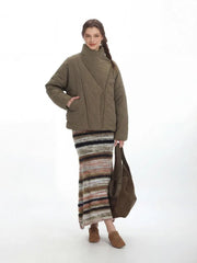 Vintage Olive Asymmetric Stand Collar Padded Jacket - TEVQA