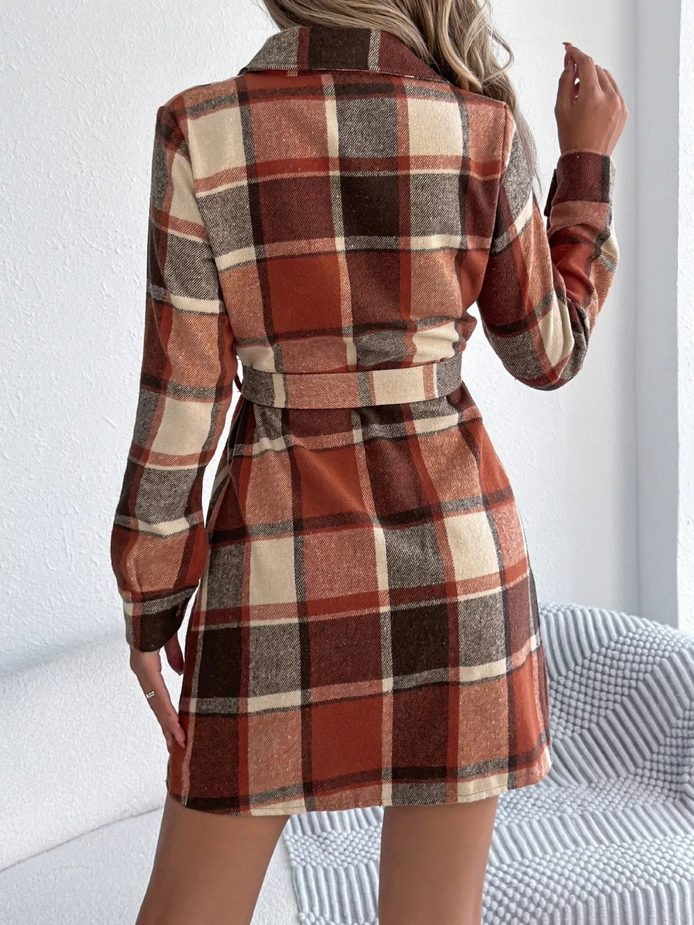 Green Plaid Belted Shirt Dress - View 14 | TEVQA