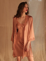 Pearl White Satin Lace Robe & Nightgown Set