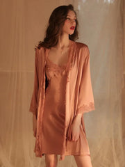 Pearl White Satin Lace Robe & Nightgown Set - View 9 | TEVQA