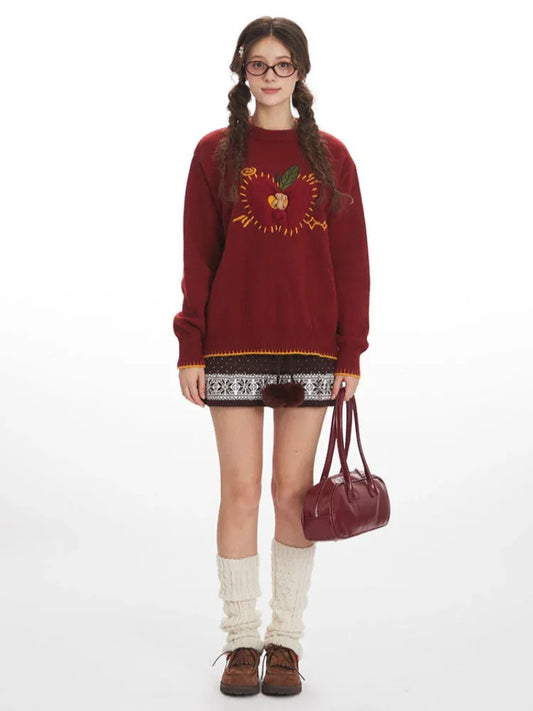 Whimsical Apple & Teddy Bear Pocket Knit Sweater - TEVQA