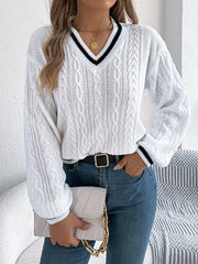 Cable Knit V-Neck Sweater - View 15 | TEVQA