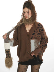 Y2K Grunge Leopard Patchwork Cardigan - TEVQA