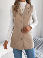 Beige Corduroy Button Down Vest - TEVQA