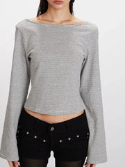 White striped tie back crop top with long bell sleeves - View 6 | TEVQA