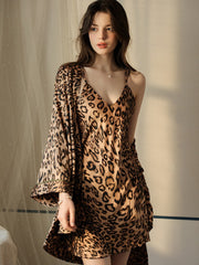 French Leopard Print Silky Satin Slip Dress & Robe Set