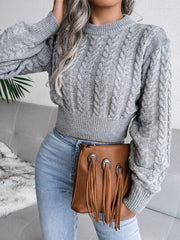 White Cable Knit Cinched Waist Crop Sweater - TEVQA