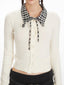 Vintage Cream Cable Knit Cardigan with Plaid Collar - TEVQA