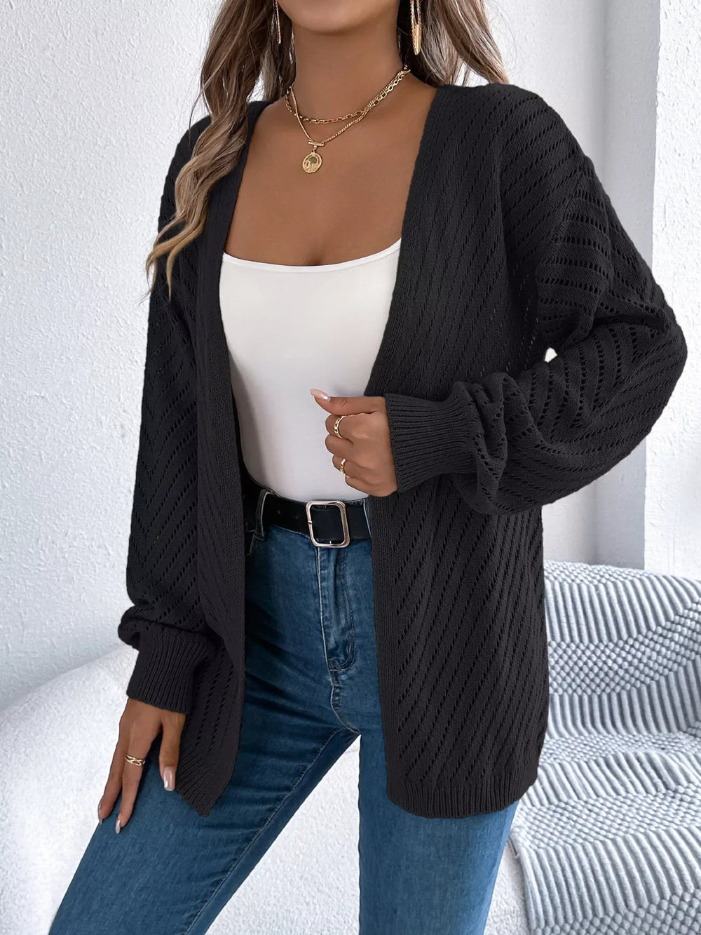 Ethereal White Pointelle Knit Cardigan - View 11 | TEVQA