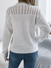 Burgundy Pointelle Knit Lantern Sleeve Sweater - View 14 | TEVQA