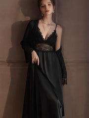 Lace Trim Satin Robe and Slip Set - View 15 | TEVQA